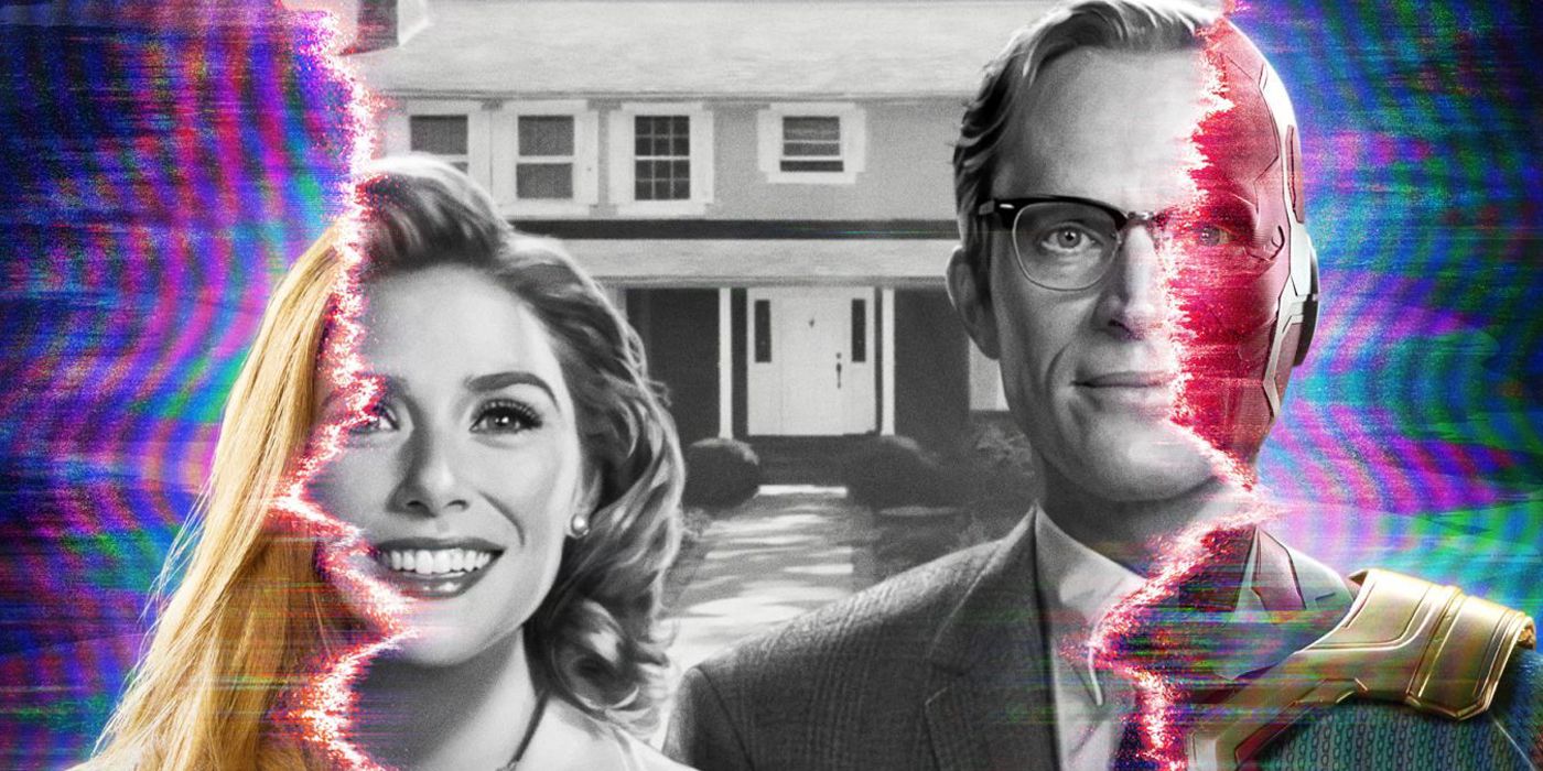 The WandaVision poster showing Wanda and Vision overlaid with the black and white sitcom