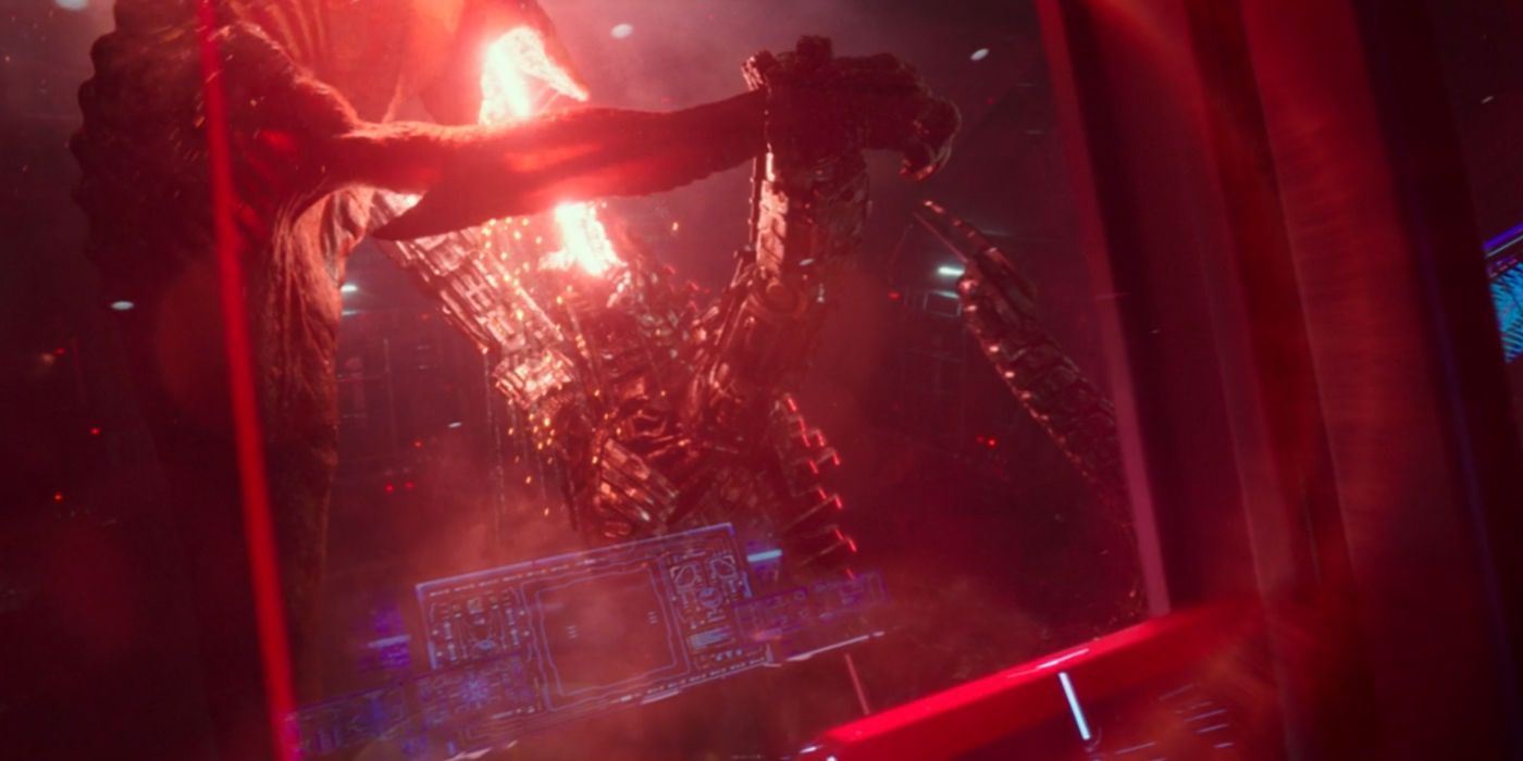 Mechagodzilla uses its power beam on a Skullcrawler in Godzilla Vs Kong