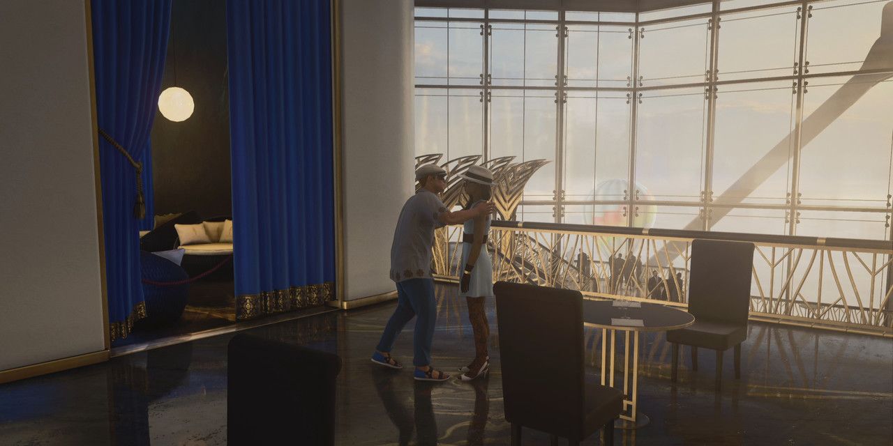 An image of Marcus and Amelia reuniting in the gallery in Hitman 3