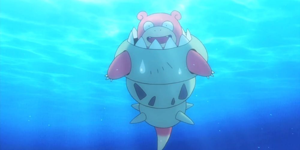 Mega Slowbro swiming and smiling in the sea in the Pokémon anime