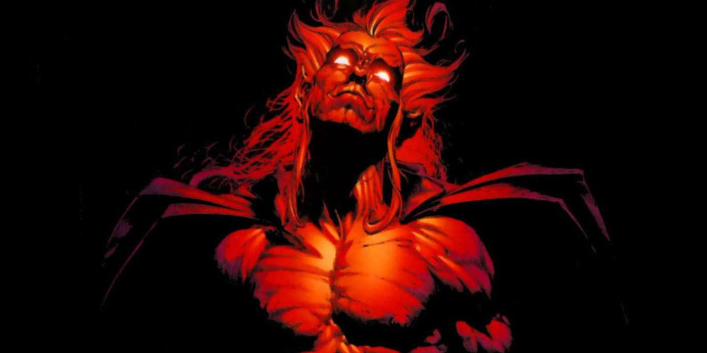 Mephisto glows red in the comics with a black background, looking up to the heavens.