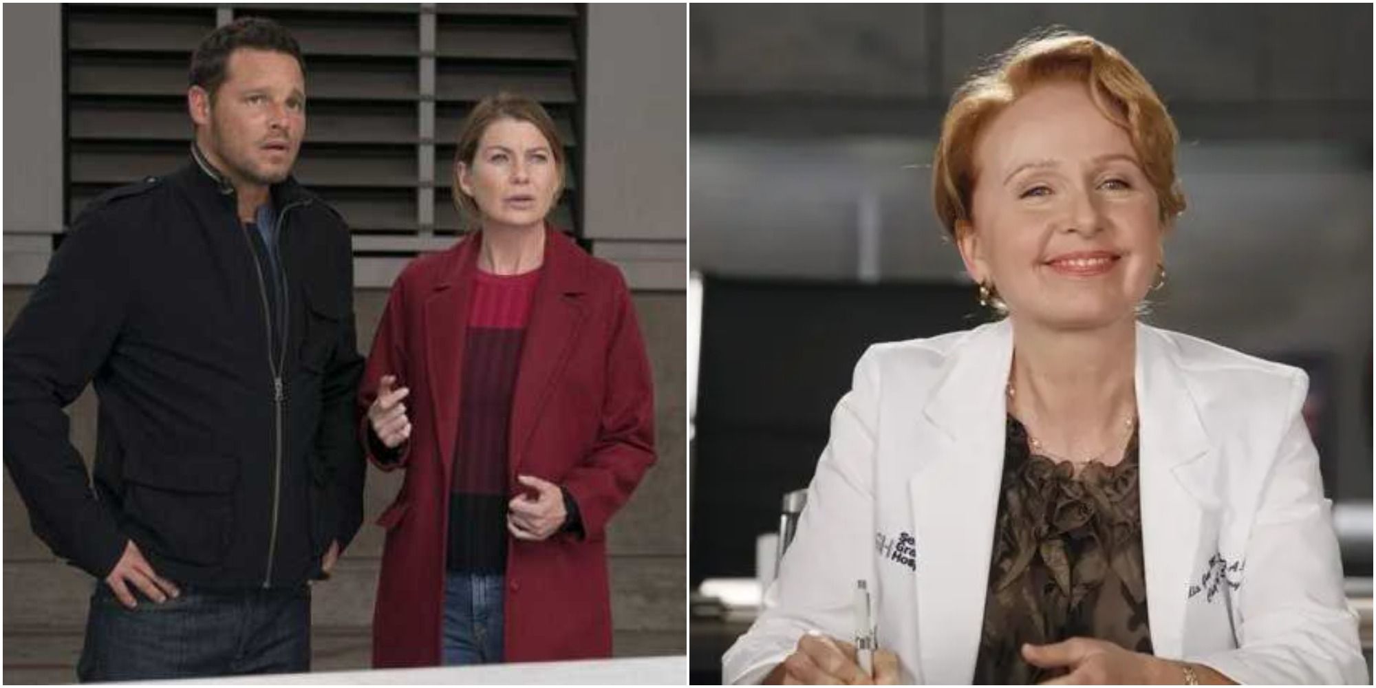 A split image of Alex and Meredith and Ellis. In the first image, Alex and Meredith are looking shocked at something off-screen. In the other, there is an image of Ellis in her doctor's lab coat and she's smiling
