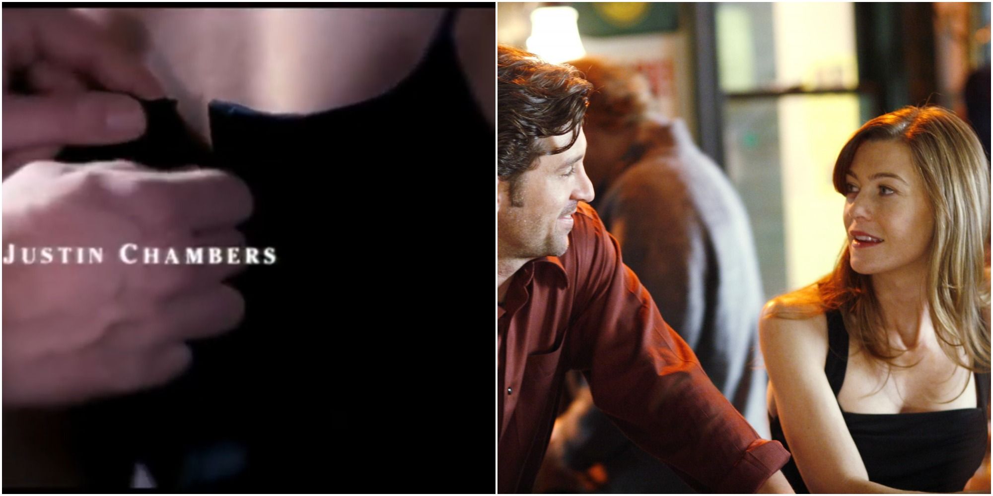 A split image of the Grey's Anatomy opening credits scene and a shot of the show. In the first image, there is someone zipping up the back of another person's black dress. This is then compared to the other image, which shows Meredith wearing a similar black dress