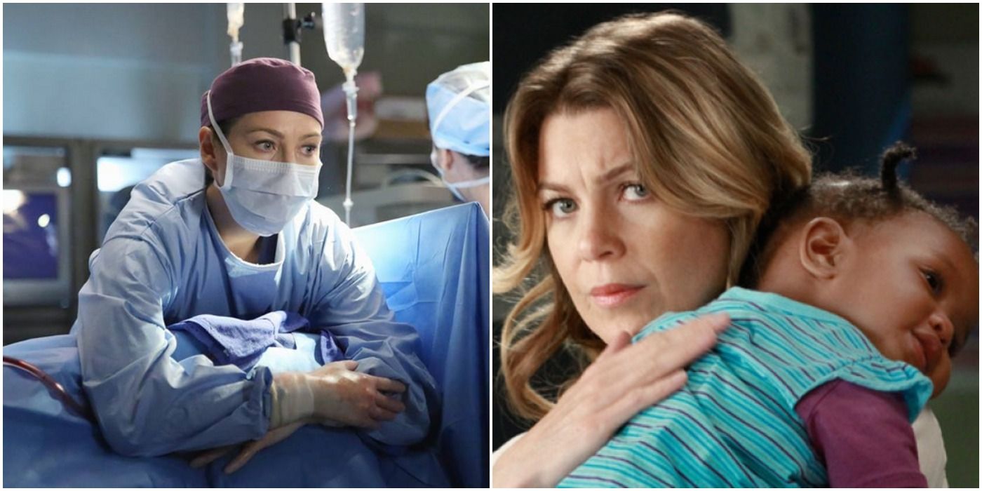Split image of Meredith Grey in the OR and hugging Zola