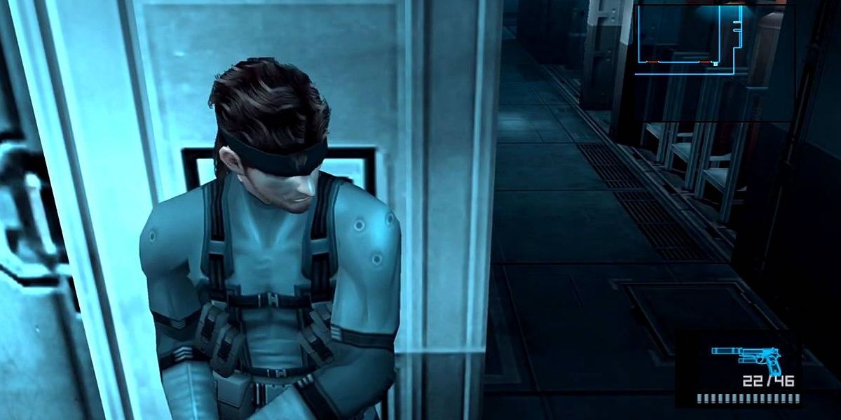 Gamer hiding around the corner in Metal Gear Solid 2 Sons Of Liberty