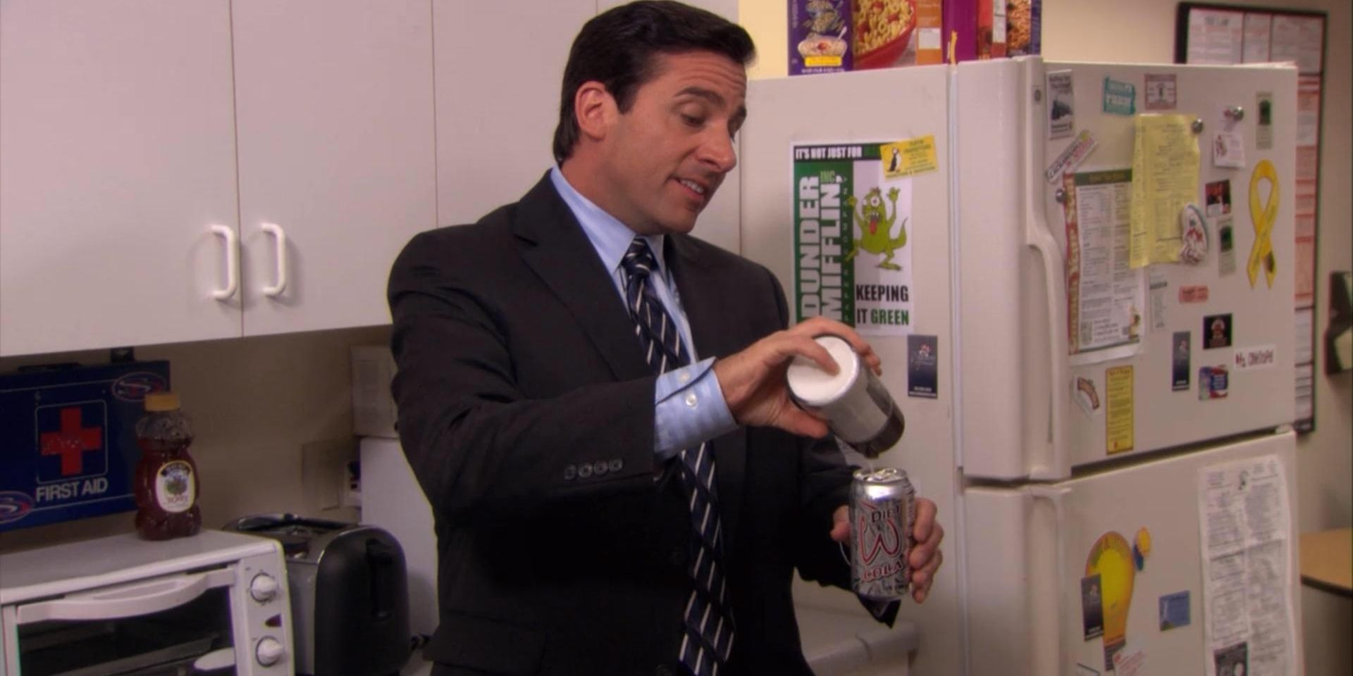Michael pours sugar into diet coke