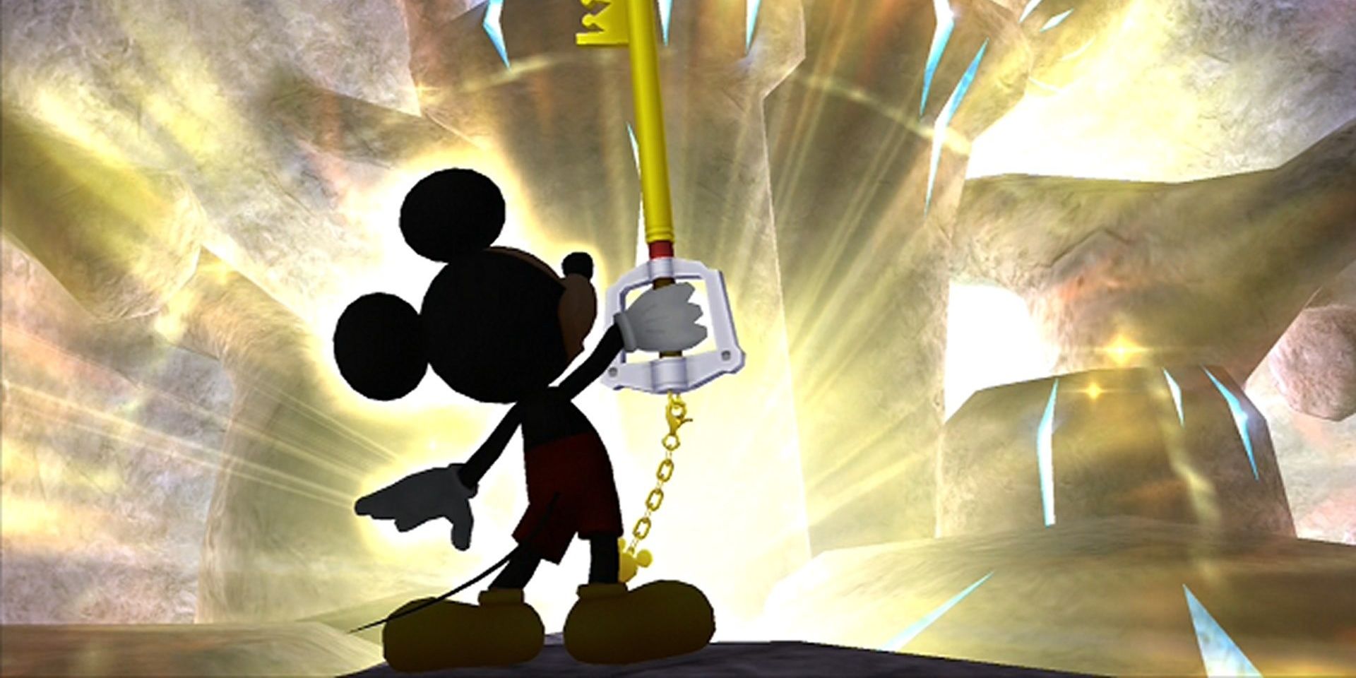 King Mickey holds a Keyblade in Kingdom Hearts