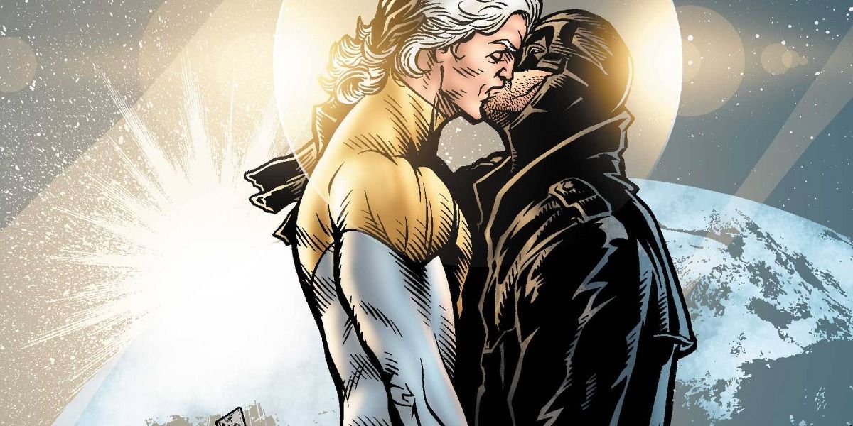 Midnighter and Apollo kiss with Earth in the background.
