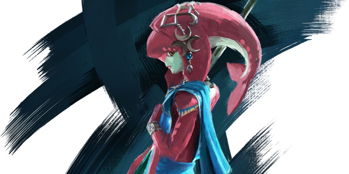 Mipha standing in front of a black and blue background