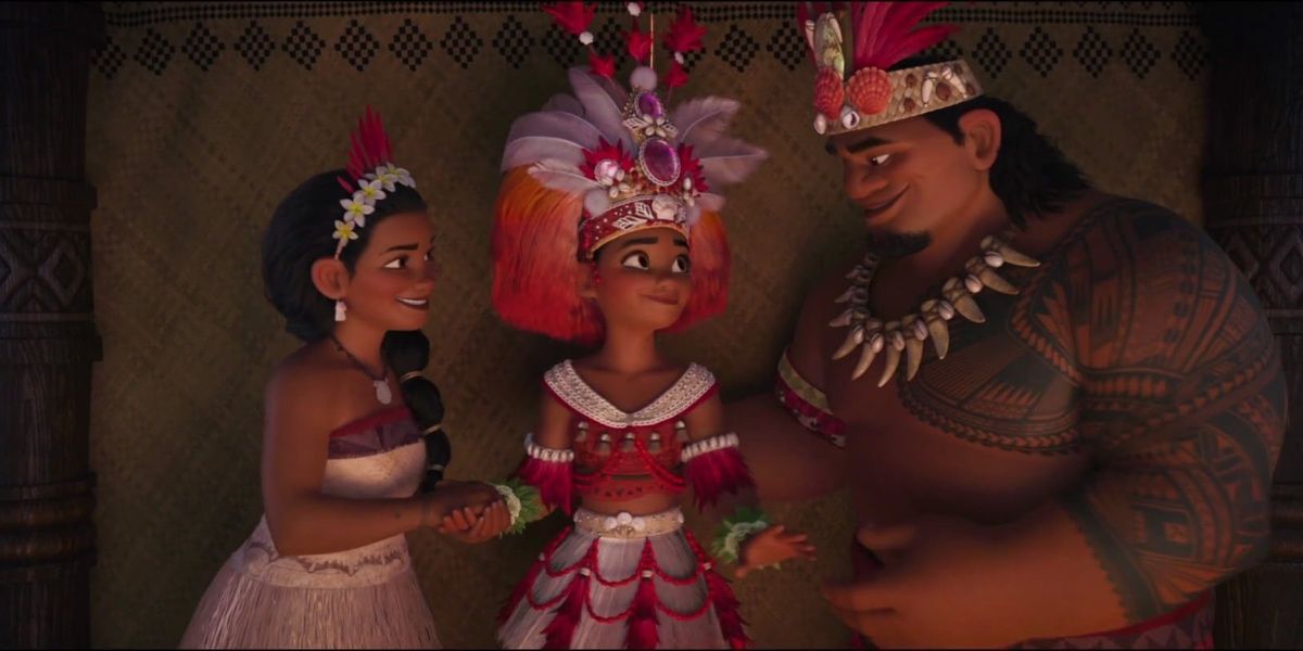 Moana and parents in traditional clothing in Moana