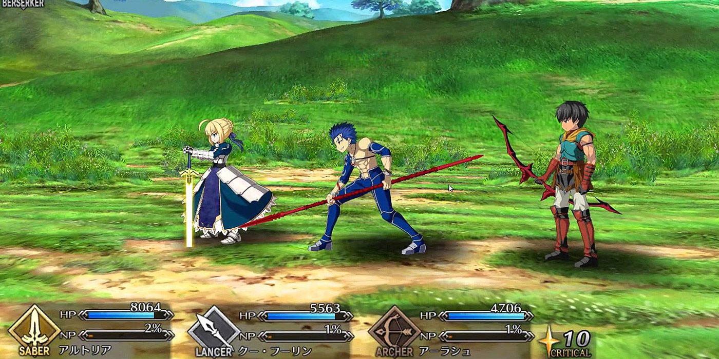 Three characters in a turn-based battle in Fate/Grand Order