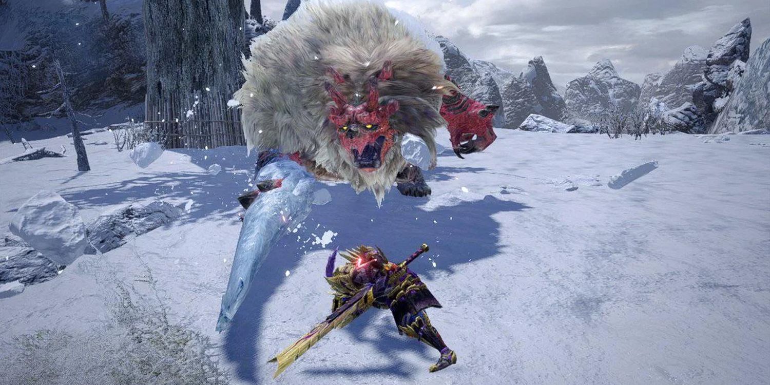 Monster Hunter Rise - a character being attacked by a Goss Harag monster in the snow