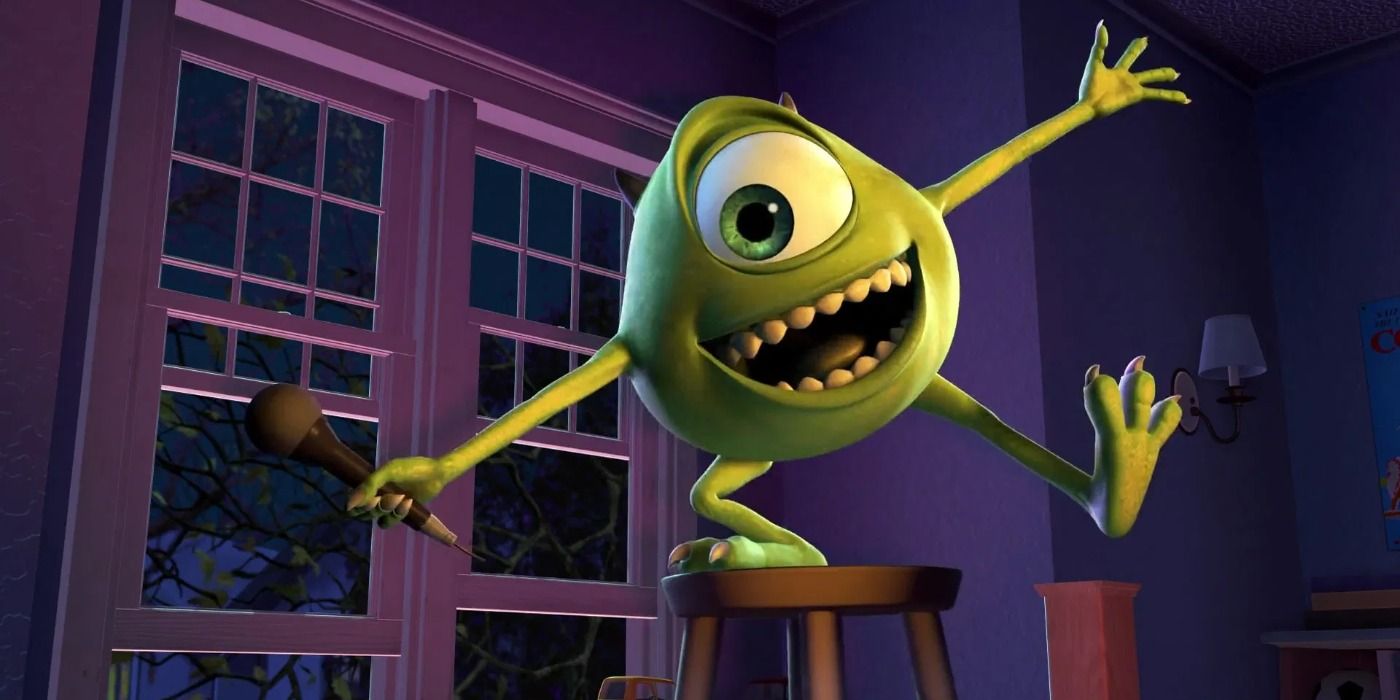 Mike Wazowski performs his comedic routine inside a kids bedroom on a wooden chair