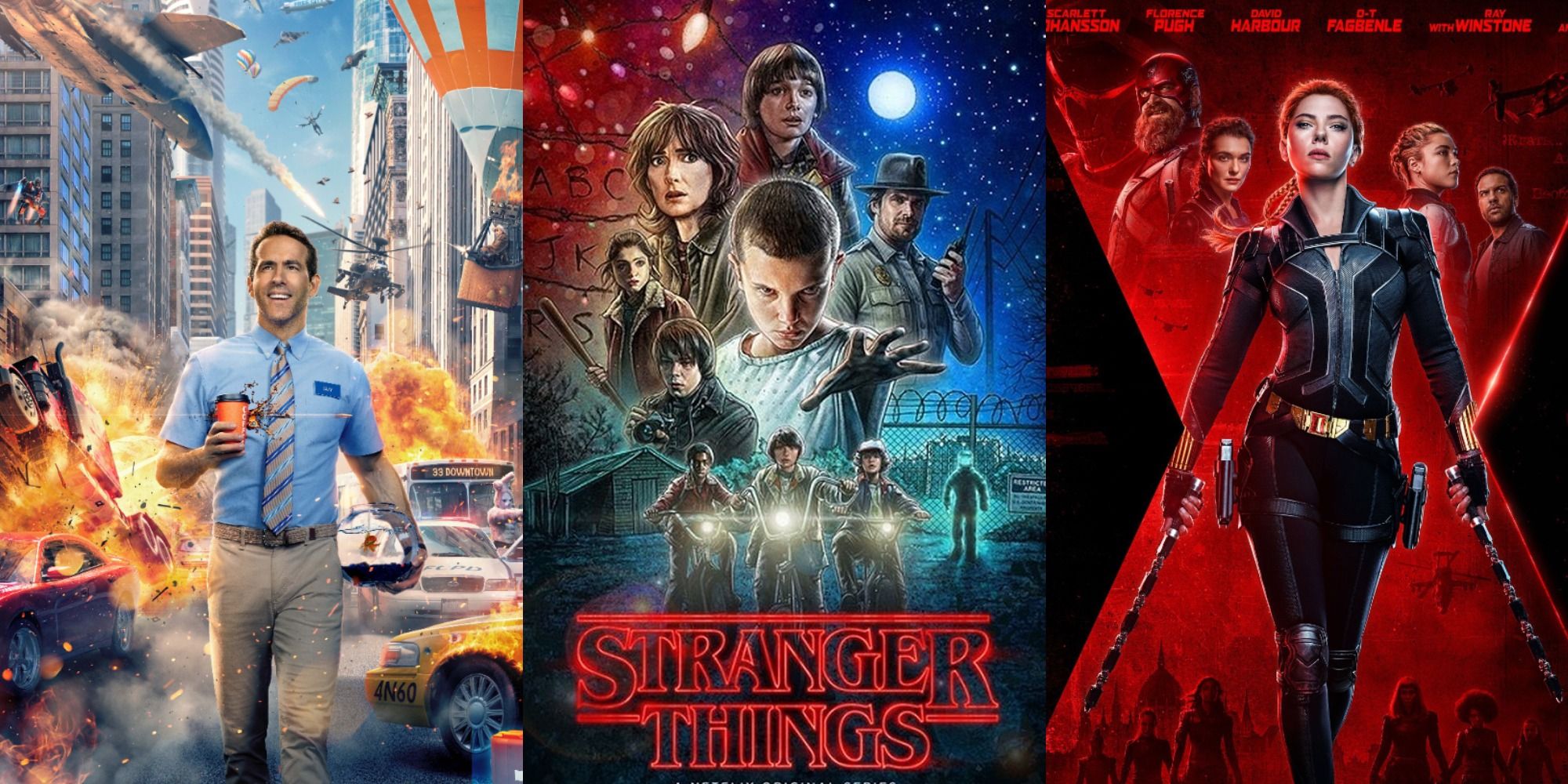 Movies Featuring The Cast Of Stranger Things Black Widow Free Guy combined posters