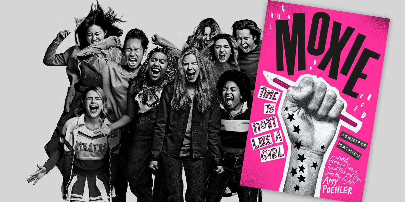 Moxie book cover next to cast of the movie in black and white.