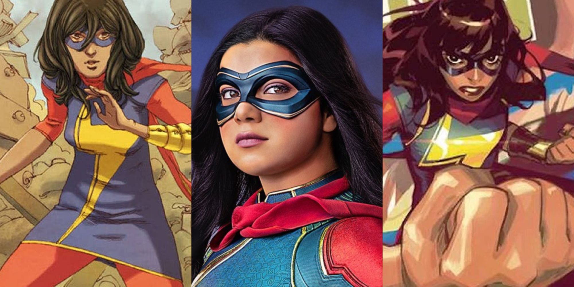 Split image of Ms. Marvel from Marvel Comics and MCU series.