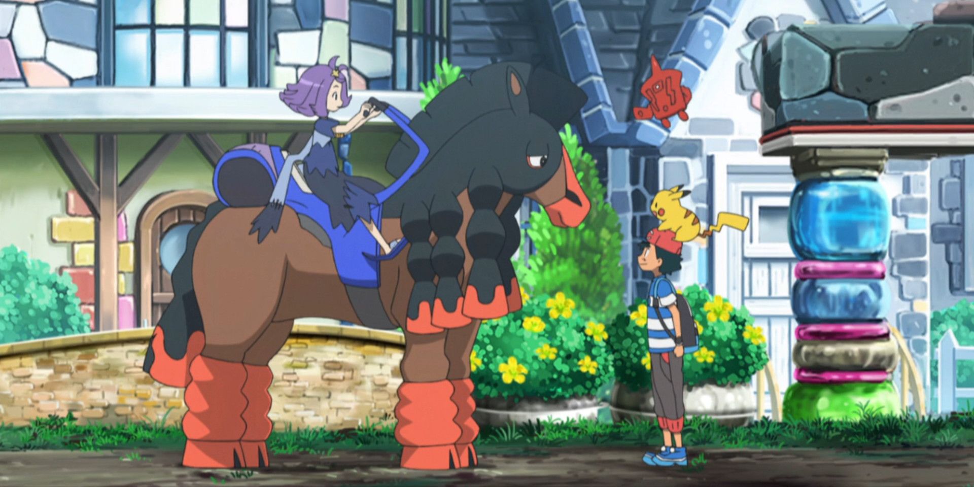 Mudsdale rides with a young girl on its back in the Pokemon anime.