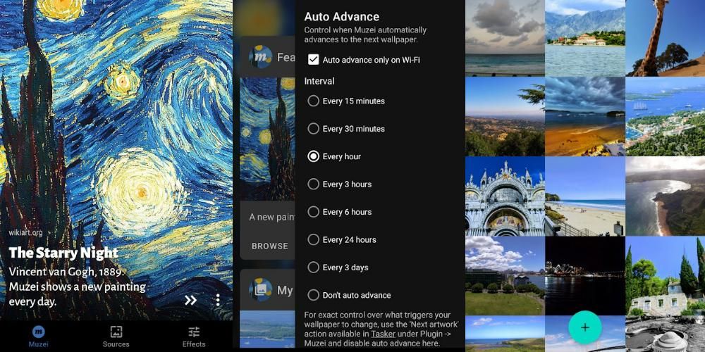 Side by side screenshots of the wallpaper app Muzei Live for Androids