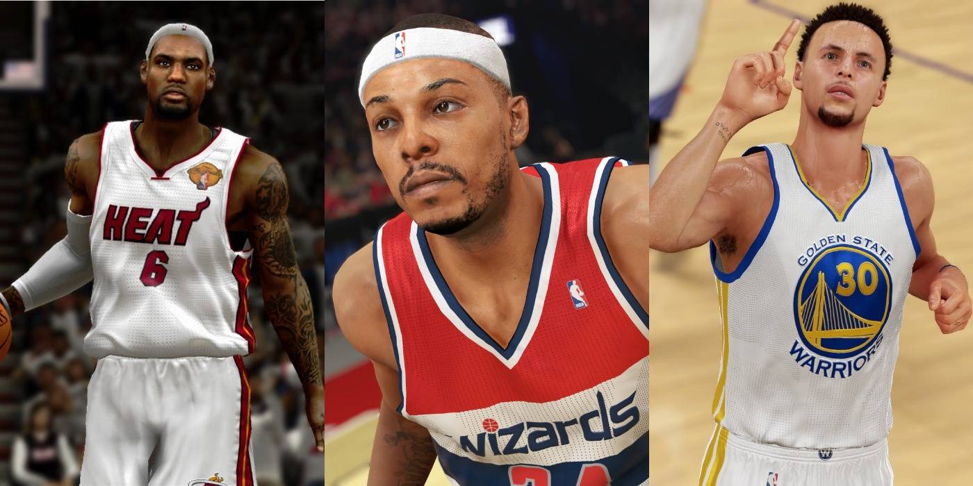 LeBron James dribla/Paul Pierce/Stephen Curry aponta para o céu em NBA 2K