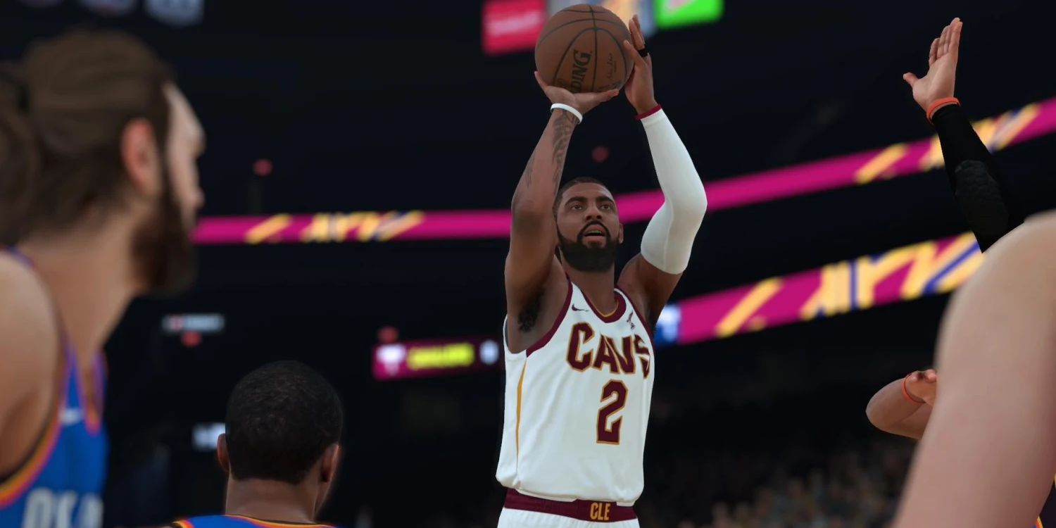 Kyrie Irving shoots a jump shot in NBA 2K18