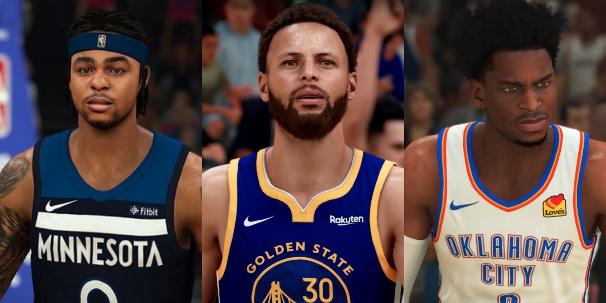 Split image of D'Angelo Russell, Stephen Curry and Shai Gilgeous-Alexander in NBA 2K21