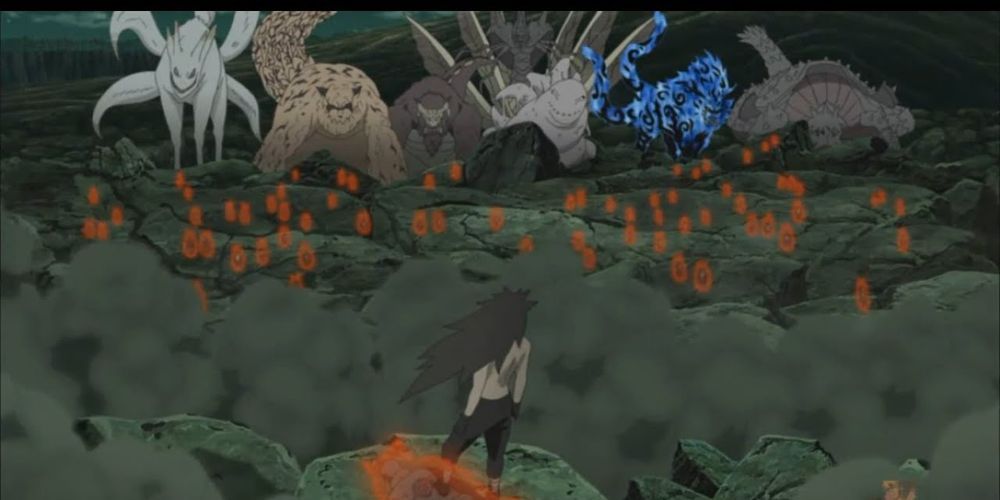 Madara on a cliff facing the tailed beasts while the shinobi below share their chakra in Naruto's Ninja War arc.