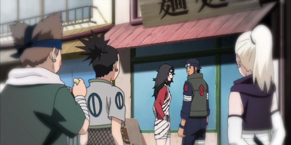 Choji, Shikamaru, and Ino observe Kurenai and Asuma in the Naruto anime.