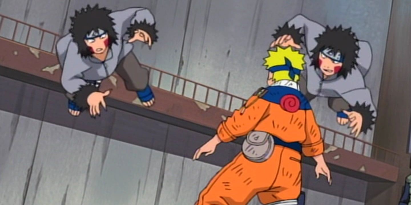 Kiba and Akamaru attacking Naruto.