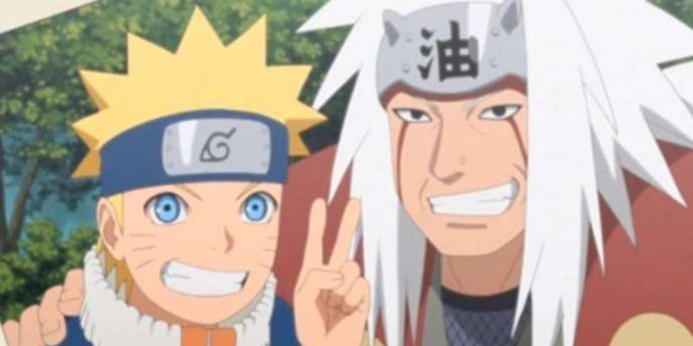Naruto e Jiraiya sorriem juntos no anime Naruto
