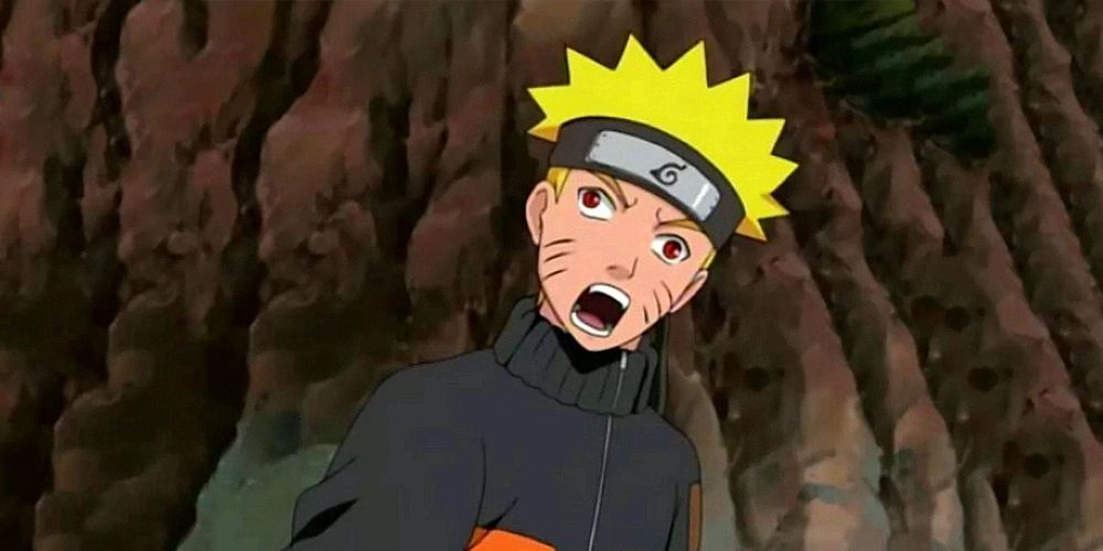 Naruto com a boca aberta e os olhos desfocados em um quadro de animação questionável no anime Naruto.