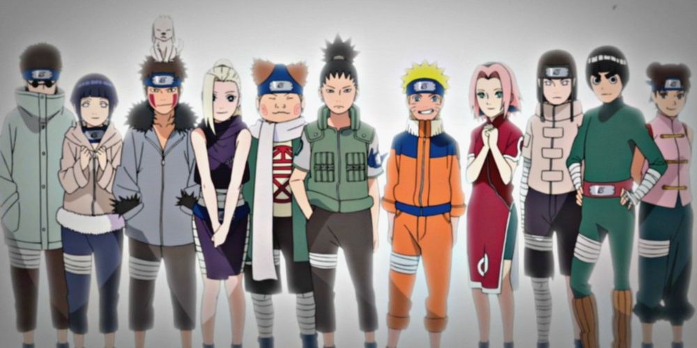 Naruto em pé com seus colegas no anime.