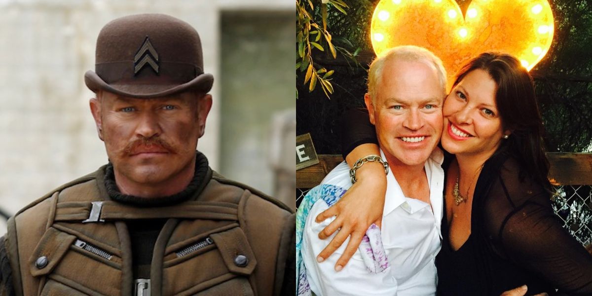 A split image that shows Neal McDonough as Dum Dum and the other of McDonough pictured with his wife Ruve