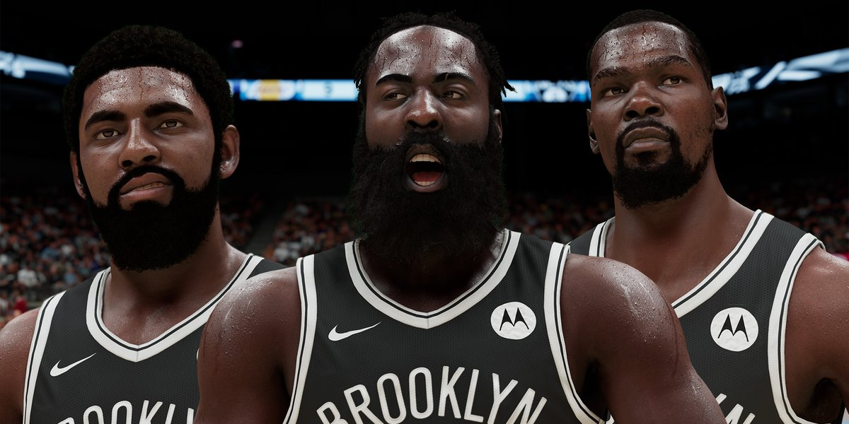 Kyrie Irving, James Harden and Kevin Durant as the Nets in NBA 2K21