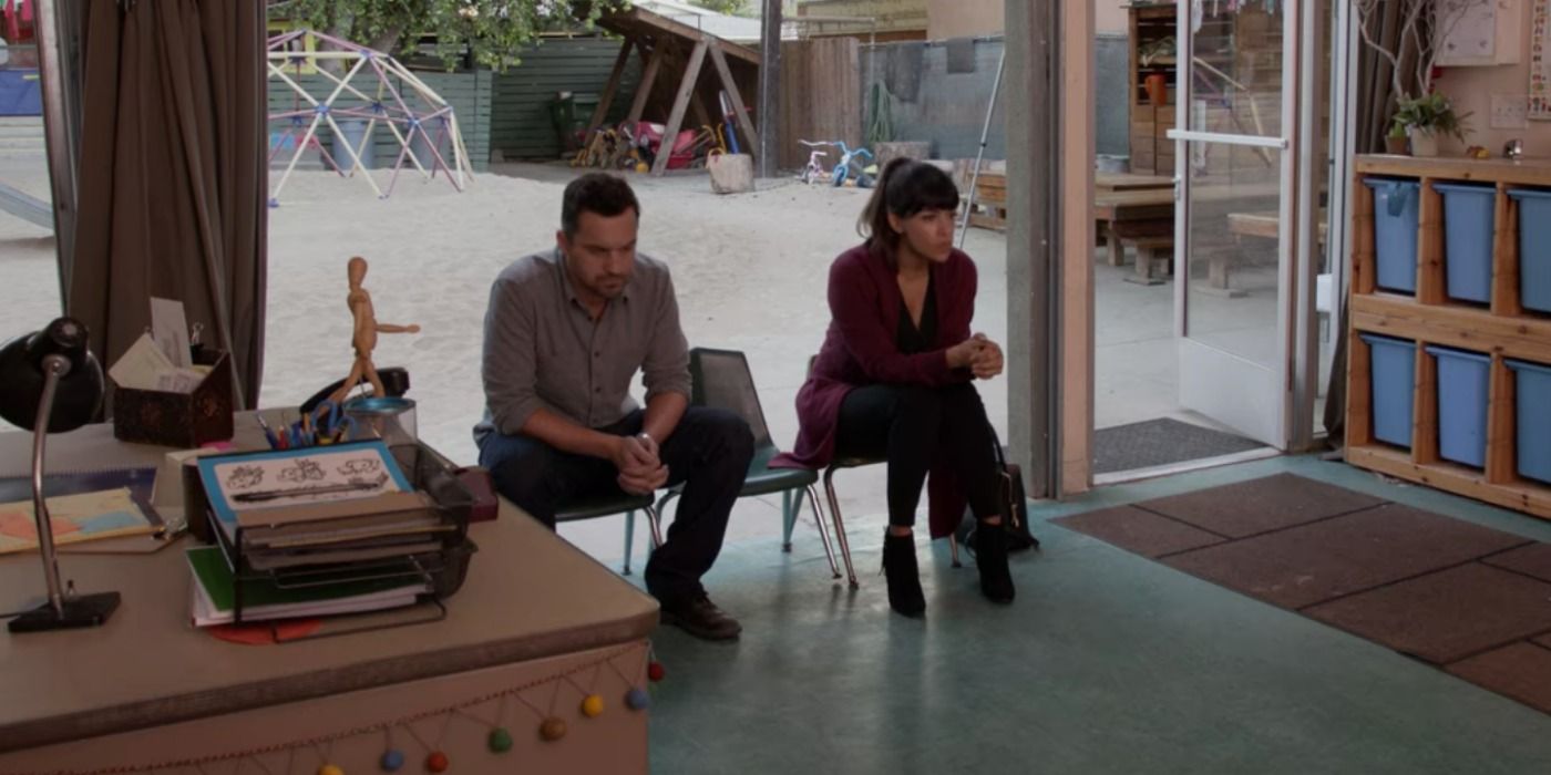Nick and Cece sit in chairs at Ruth's day care center in season 7 of New Girl