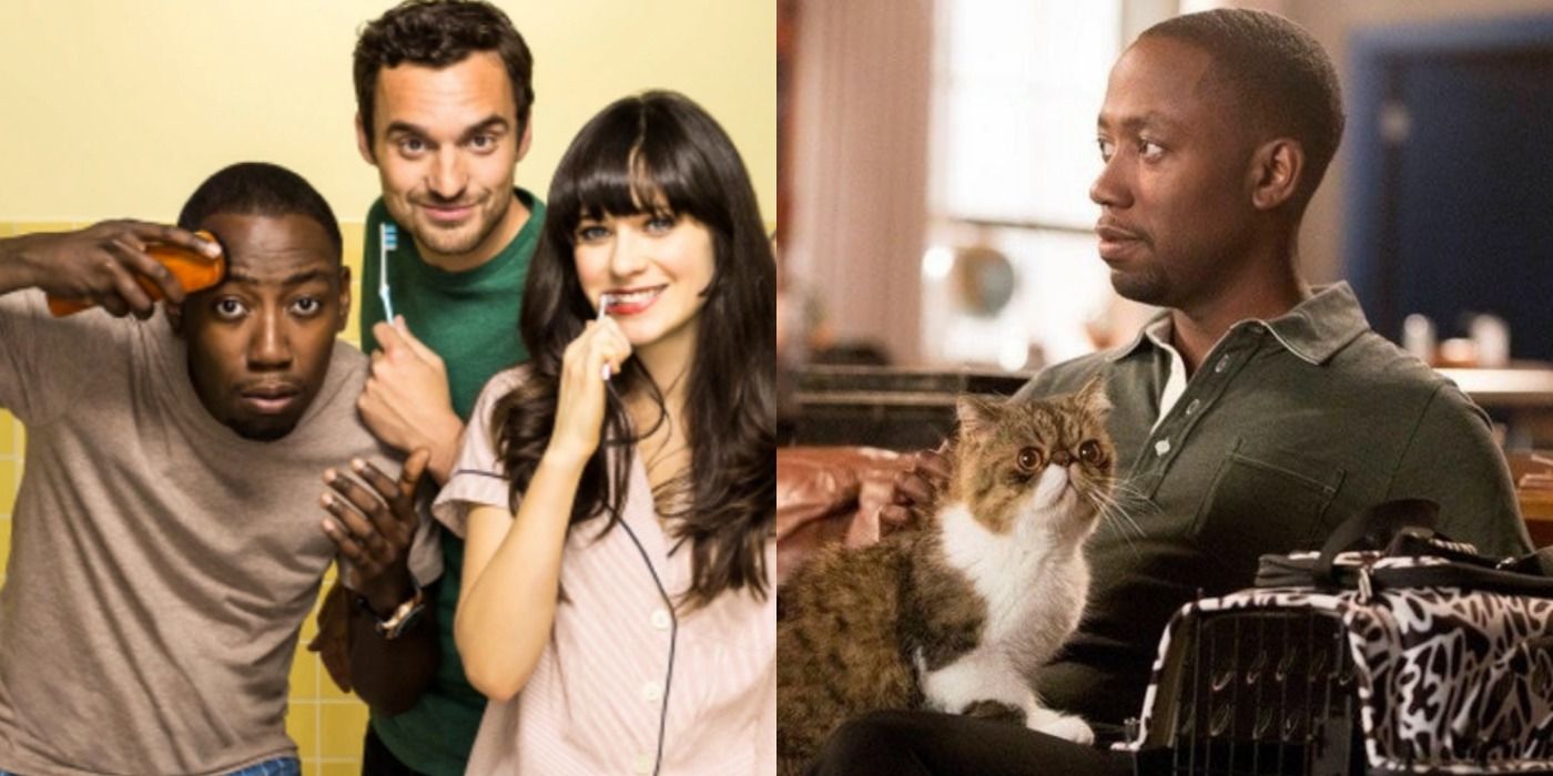 Winston grooms himself alongside Nick and Jess in a promotional image for New Girl alongside an image of Winston holding Ferguson in a split screen image