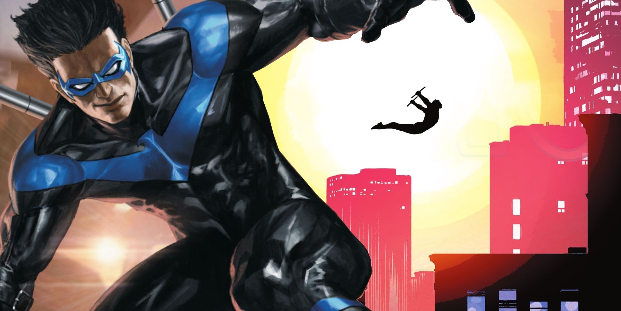 Nightwing jumping over buildings in the comics