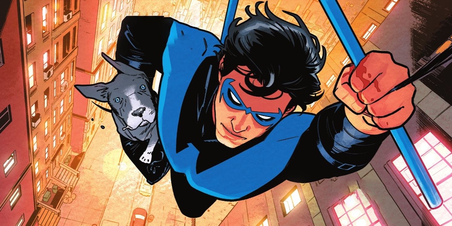 Nightwing holding his dog in DC Comics