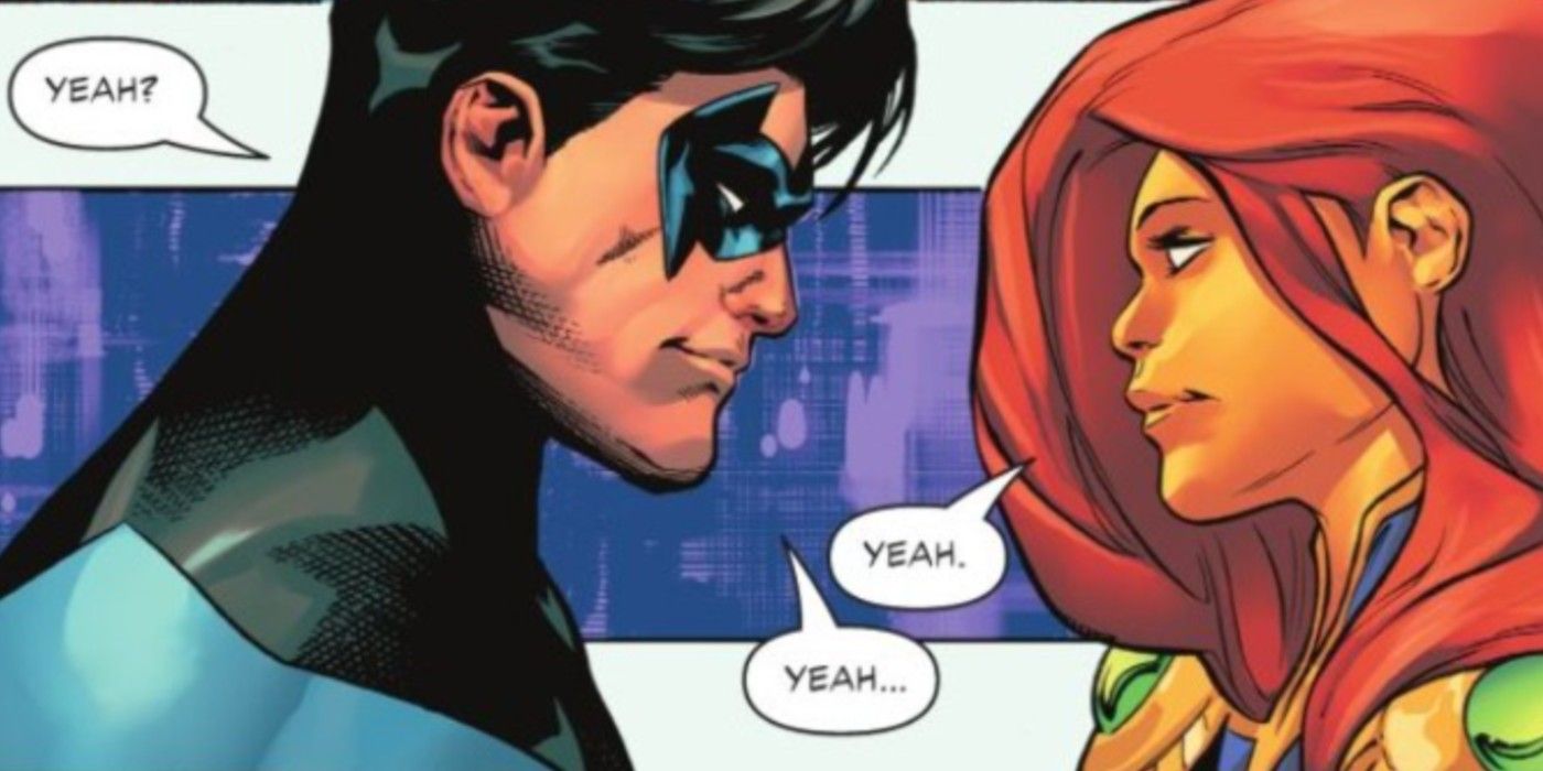 Nightwing and Starfire talking in Teen Titans Academy