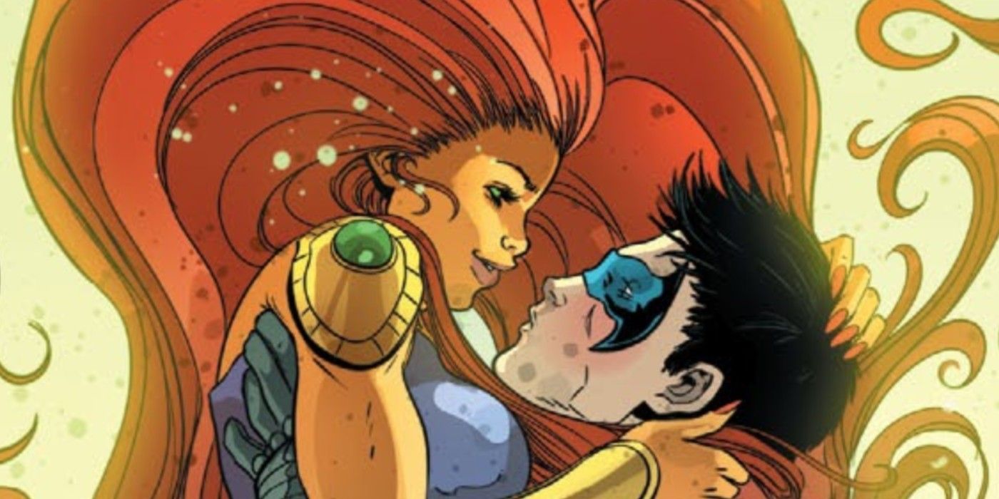 Nightwing and Starfire about to kiss in the Teen Titans comics