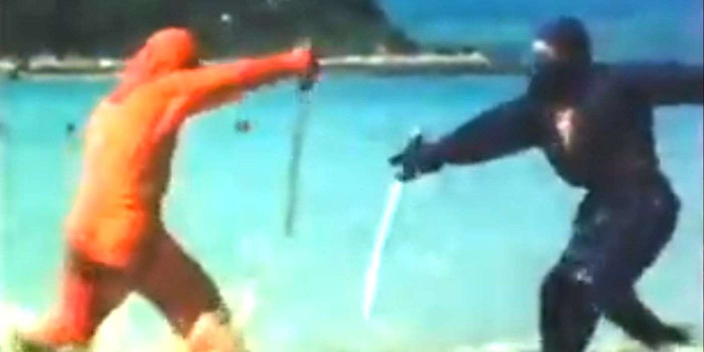 Two ninjas fight on the beach in Ninja Fantasy