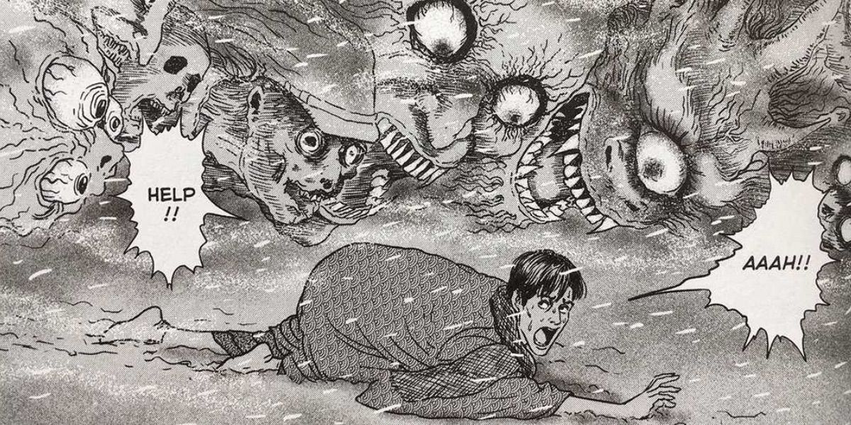 Character is pursued by grotesque creature with multiple heads in Junji Ito's No Longer Human