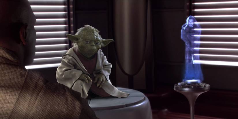 Obi-Wan communicates with Yoda and Mace Windu in Attack of the Clones
