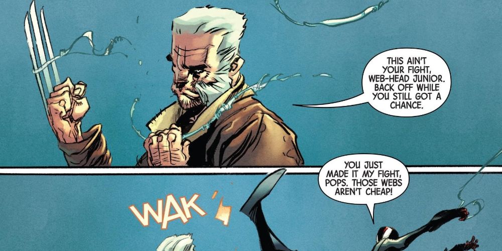 A panel featuring older Logan drawing his Wolverine claws in Old Man Logan
