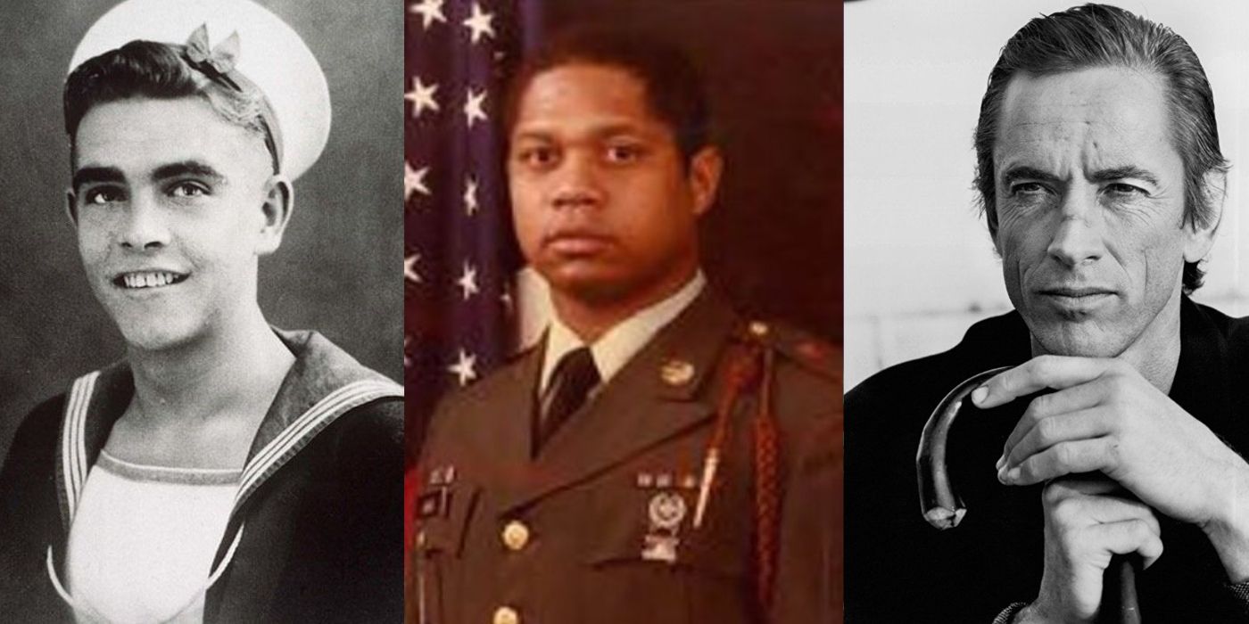 Older photographs of Sean Connery, James Earl Jones, and Scott Glenn during their military service.