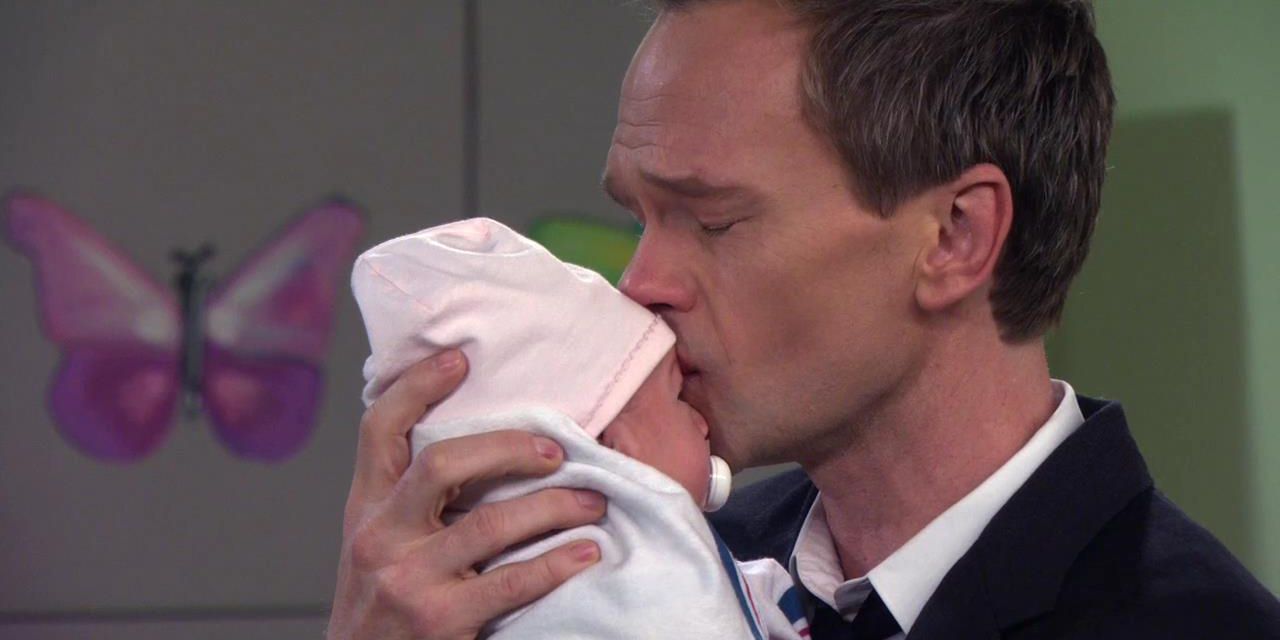 Barney meets and kisses his daughter.