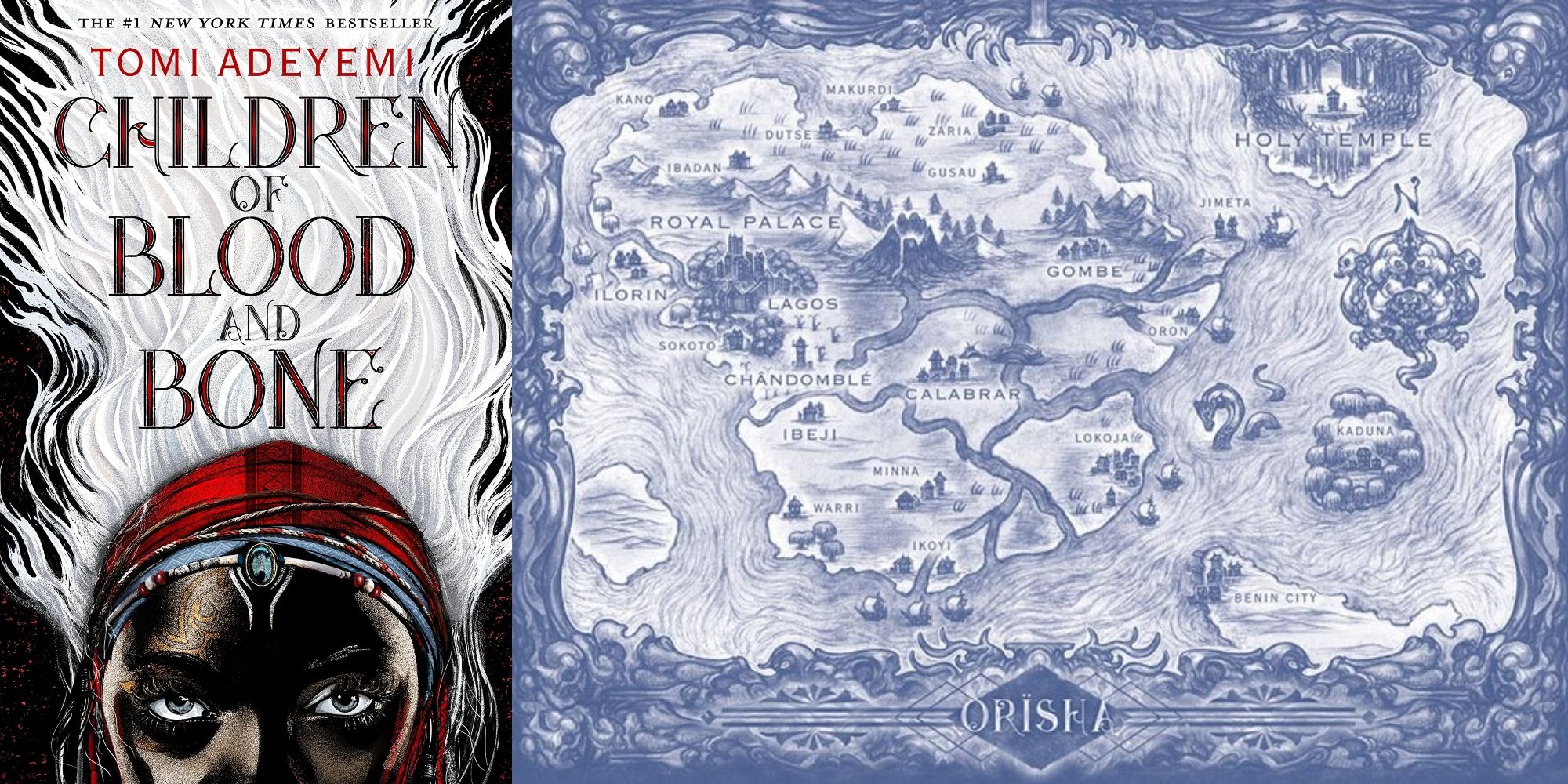 Split image: The book cover of Children of Blood and Bone, a map of Orisha from Children of Blood and Bone.
