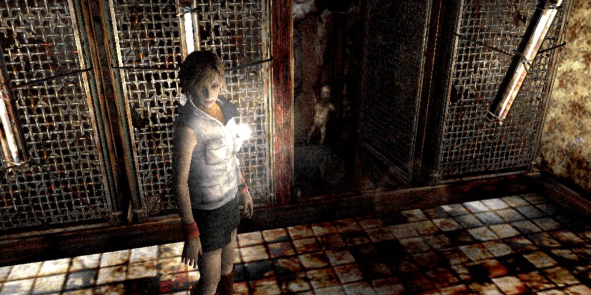 Heather searching through a room in Silent Hill 3.