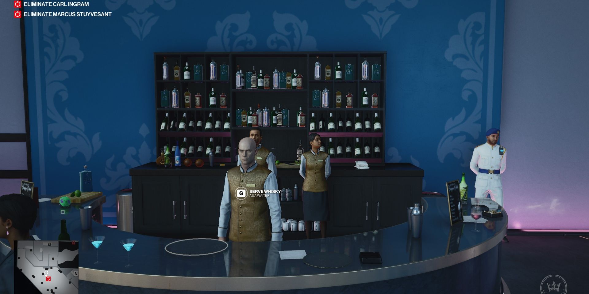An image of Agent 47 in disguise as a bartender