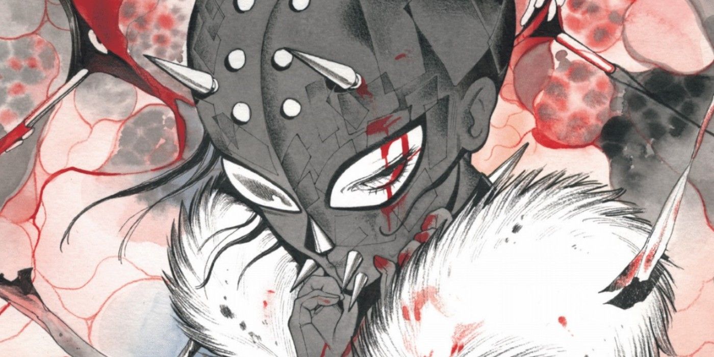 A character in a spiked mask from the Peach Momoko variant Red Room comic book cover.