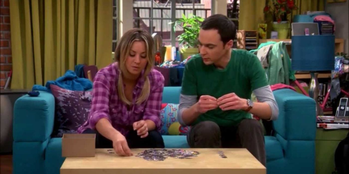 Penny and Sheldon doing a puzzle on The Big Bang Theory